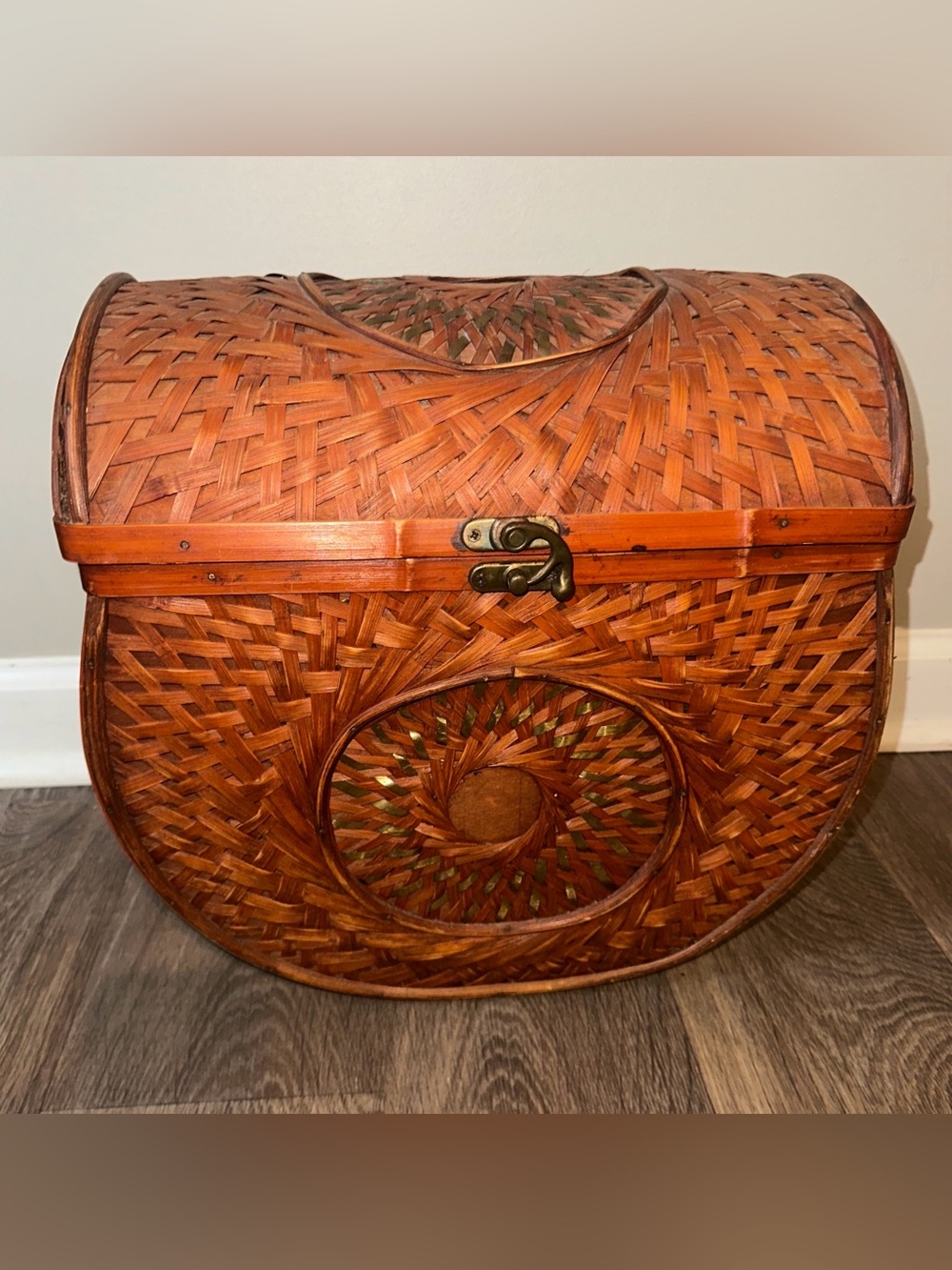 Vintage Woven Bamboo Lidded Basket | Boho Storage Trunk Box Bag